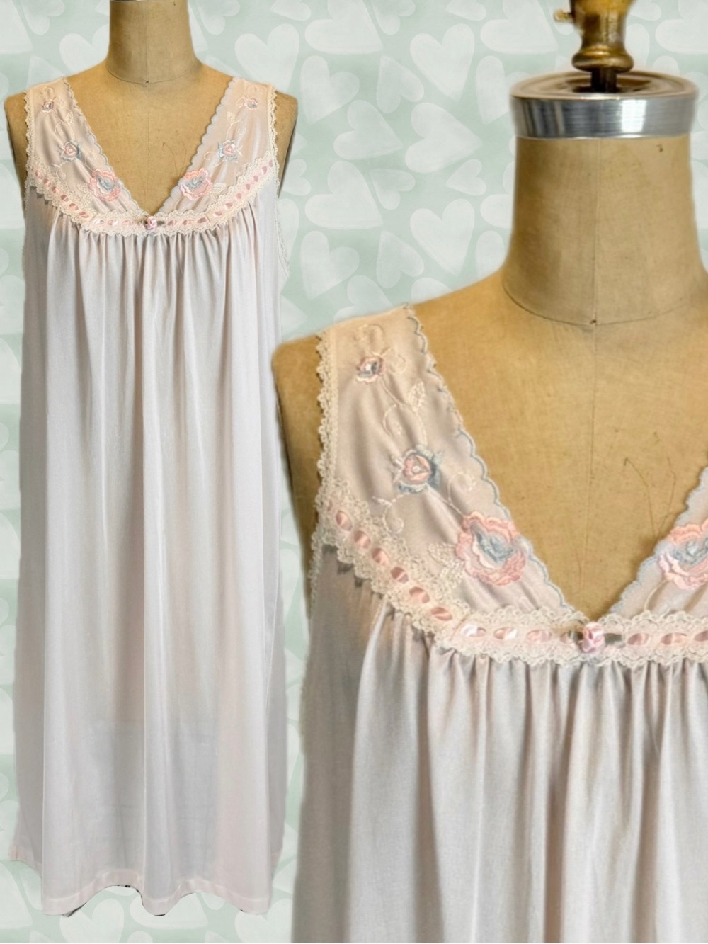 VINTAGE 80s pastel baby pink nightgown embroidered floral satin lace midi Sears